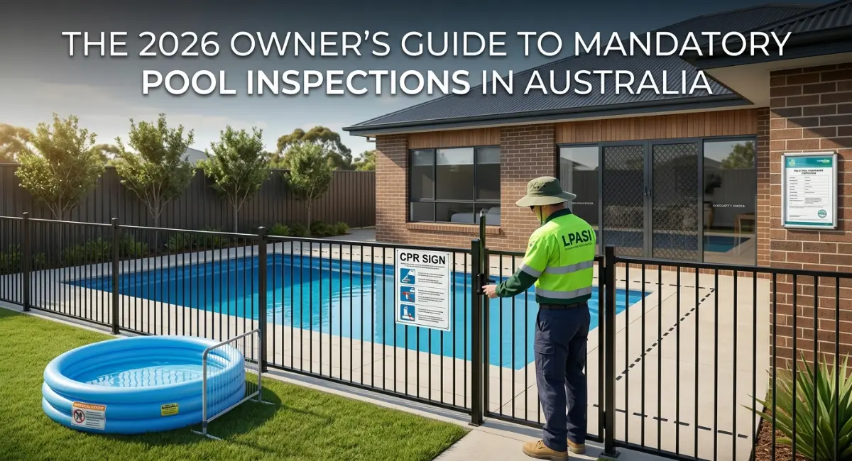 Toddler reaching toward a non-compliant pool gate latch in a suburban Melbourne backyard, highlighting the importance of mandatory pool registration and barrier safety compliance in Victoria