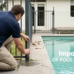VBA-registered pool safety inspector checking pool fence compliance gap at a residential property in Melbourne, Victoria