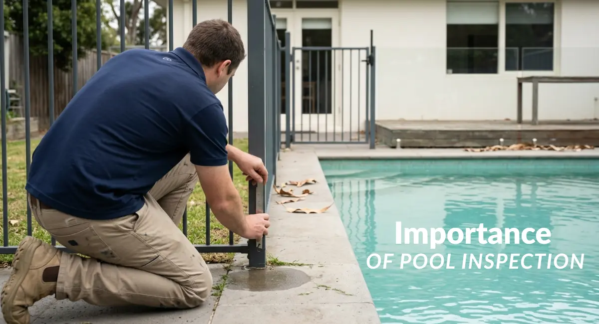 VBA-registered pool safety inspector checking pool fence compliance gap at a residential property in Melbourne, Victoria