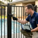 Inspector measuring non-climbable zone near pool fence