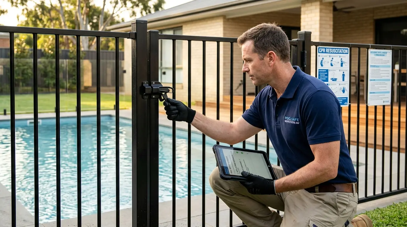 Inspector measuring non-climbable zone near pool fence