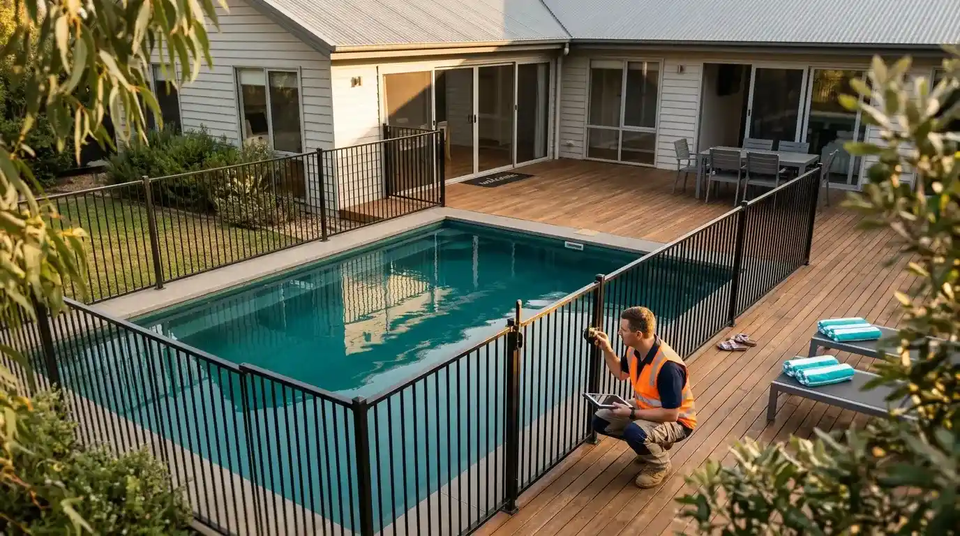 Pool inspector checking safety gate at Victorian Airbnb