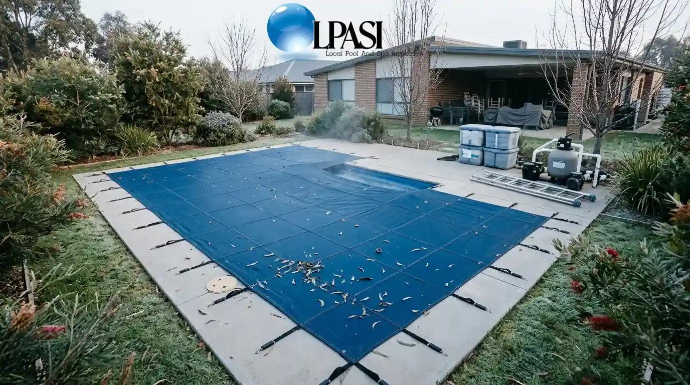 Winter pool maintenance tips: covered Australian backyard pool with mesh safety cover, leaves cleared, and equipment pad in winte