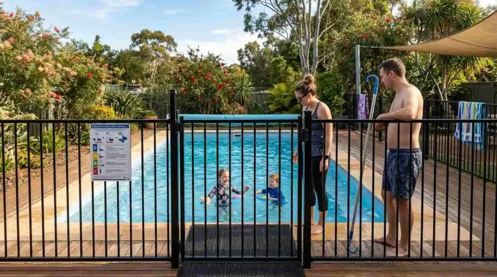 Family watching kids swim behind a compliant pool safety fence with CPR sign, Australian backyard summer