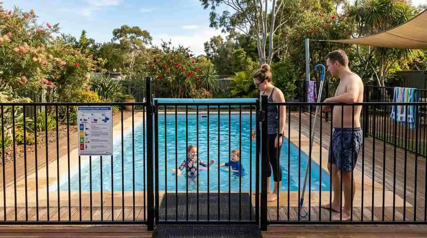 Family watching kids swim behind a compliant pool safety fence with CPR sign, Australian backyard summer