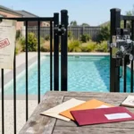 Pool gate with an overdue compliance certificate stamped in red and three escalating notice envelopes, Victoria