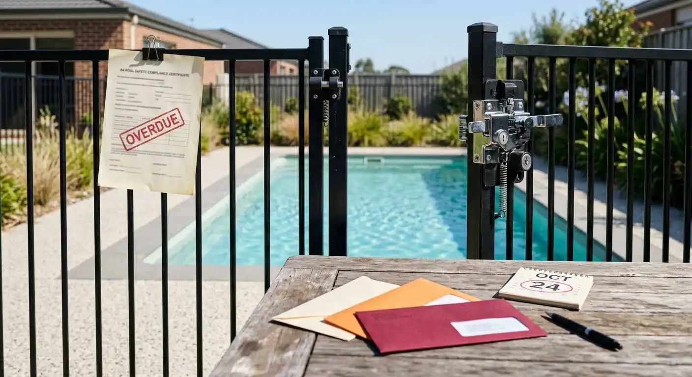 Pool gate with an overdue compliance certificate stamped in red and three escalating notice envelopes, Victoria