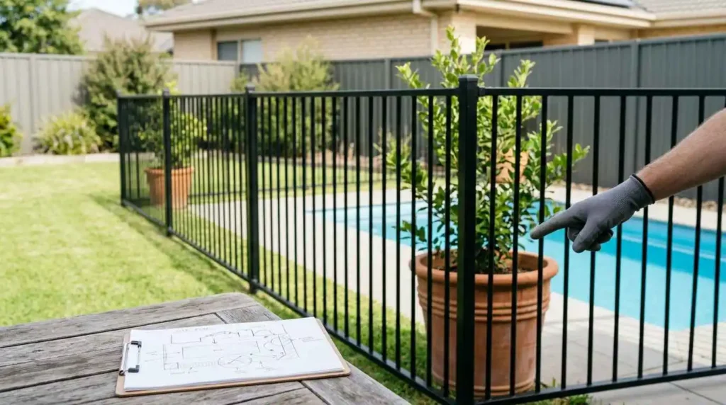 Gloved hand pointing to a pot plant placed against a black aluminium pool fence, identifying a climbing hazard during an on-site pool barrier consultation in Melbourne