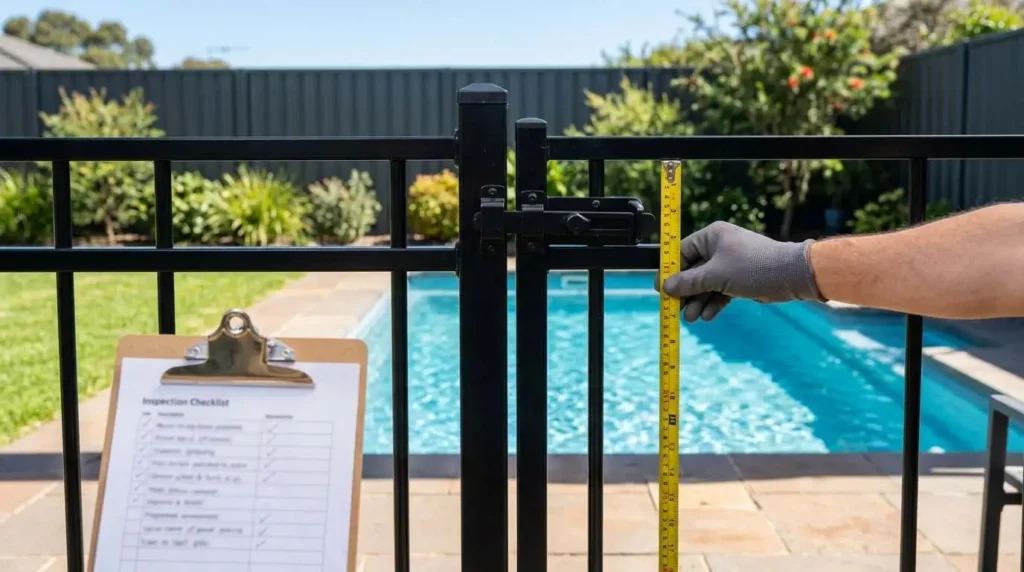 Gloved hand measuring the latch height on a closed black aluminium pool gate during a pool fence compliance inspection in Melbourne