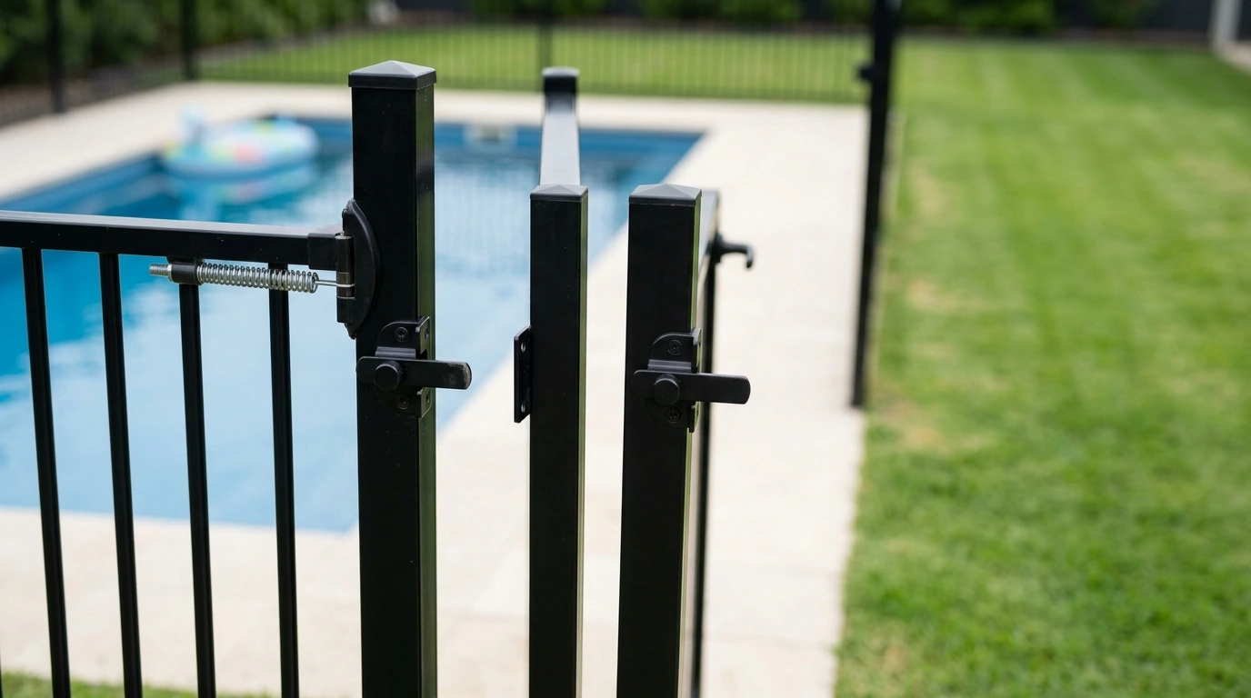Black aluminium pool gate left slightly open with the latch missing the striker, showing a gate that has stopped self-closing